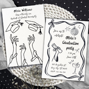 Hand Drawn Minimalist Black White Graduation Party Invitation
