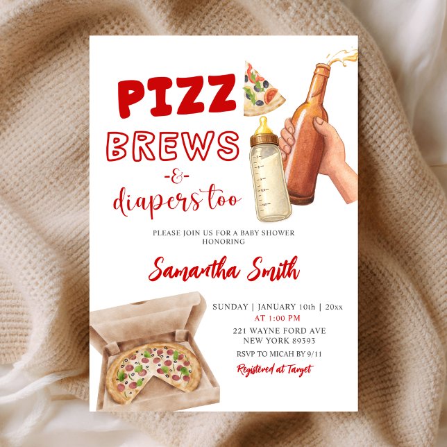 Hand Drawn Minimalist Pizza Brews and Diapers Invitation (Creator Uploaded)