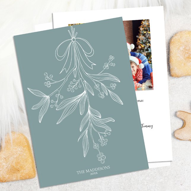 Hand Drawn Mistletoe & Bow Christmas Dusty Green Holiday Card (Creator Uploaded)