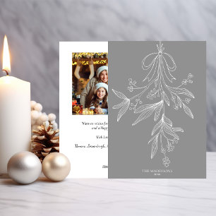 Hand Drawn Mistletoe & Bow Christmas Dusty Grey Holiday Card