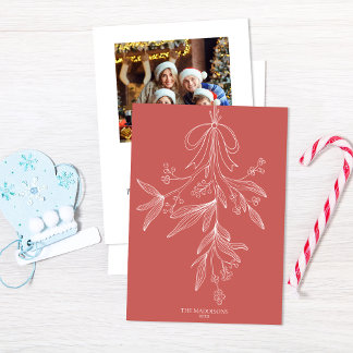 Hand Drawn Mistletoe & Bow Christmas Dusty Red Holiday Card