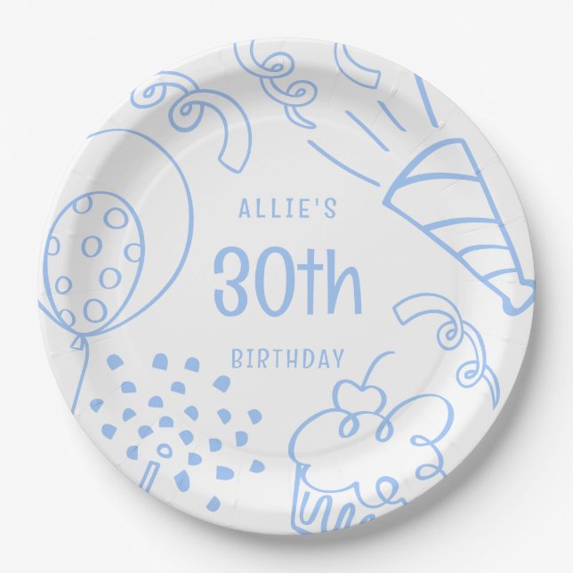 Hand Drawn Modern Birthday Any Age Cute Blue Paper Plate (Front)