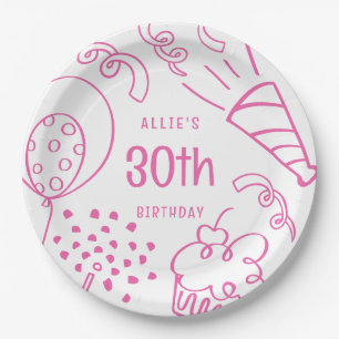 Hand Drawn Modern Birthday Any Age Cute Hot Pink Paper Plate