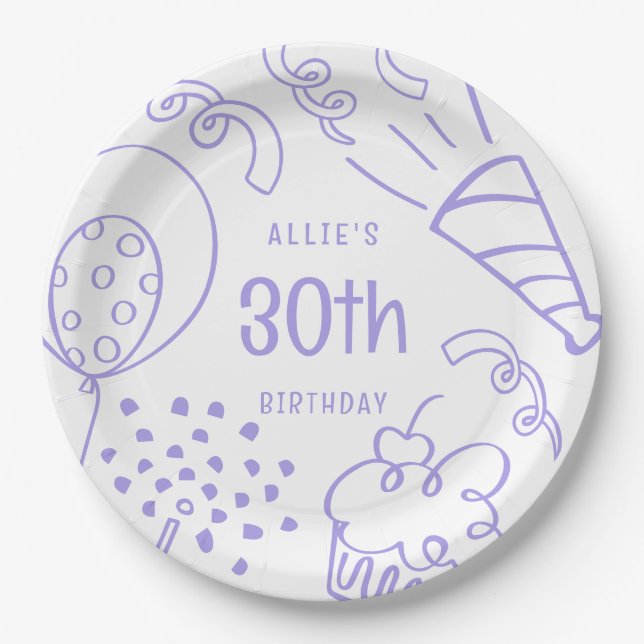 Hand Drawn Modern Birthday Any Age Cute Periwinkle Paper Plate (Front)