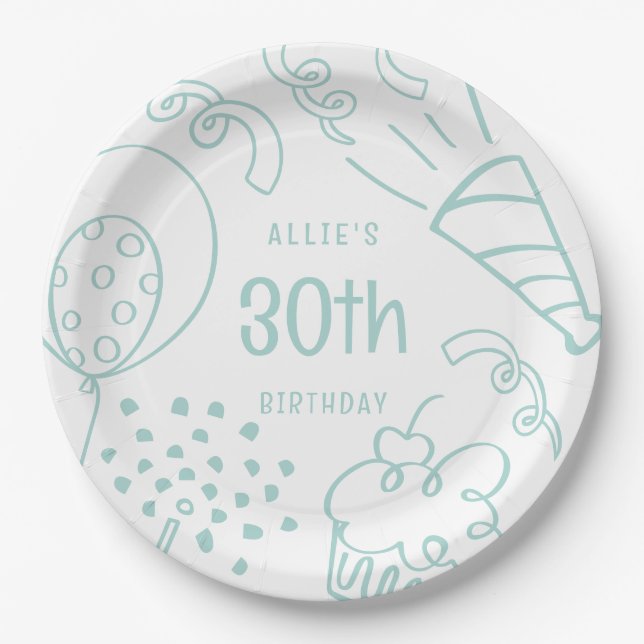 Hand Drawn Modern Birthday Any Age Pastel Green Paper Plate (Front)