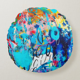  Hand drawn modern Multi Coloured mixed media art  Round Cushion