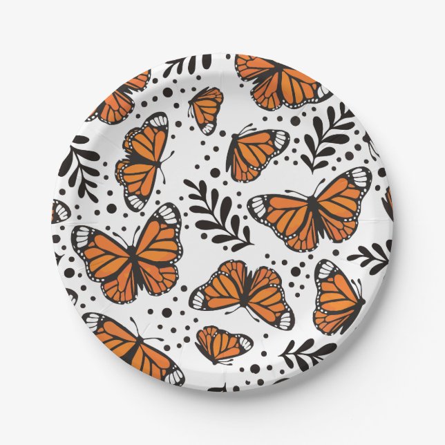Hand-Drawn Monarch Butterfly Seamless Pattern Paper Plate (Front)