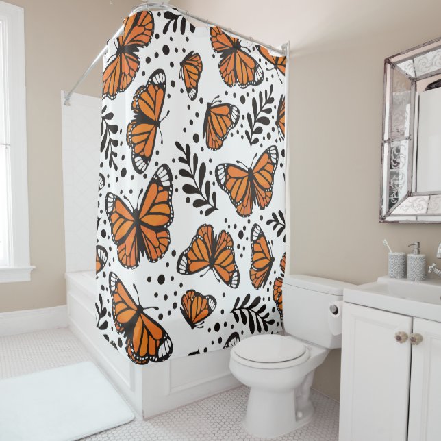 Hand-Drawn Monarch Butterfly Seamless Pattern Shower Curtain (In Situ)