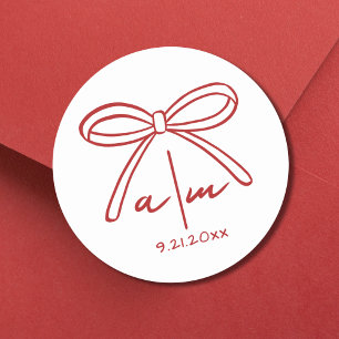 Hand Drawn Monogram Red Bow Wedding Classic Round Sticker