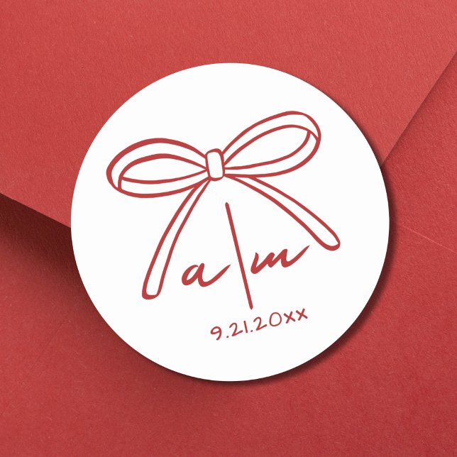 Hand Drawn Monogram Red Bow Wedding Classic Round Sticker (Hand Drawn Monogram Red Bow Wedding Classic Round Sticker)