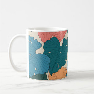 Hand drawn monstera leaves of orange, pink, blue coffee mug
