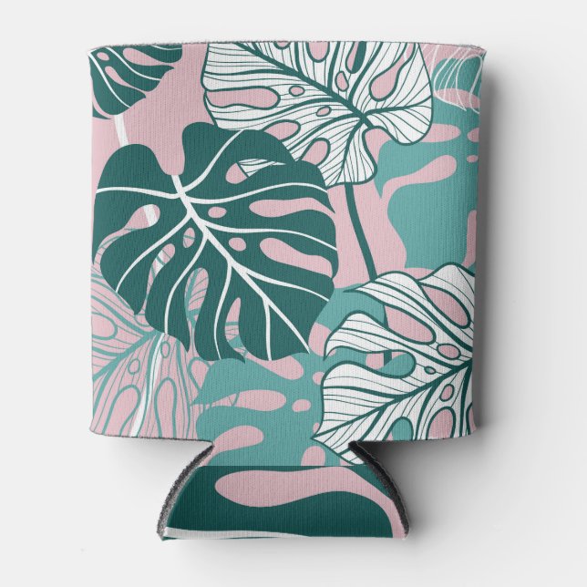 Hand-drawn monstera leaves, pink background. can cooler (Front)