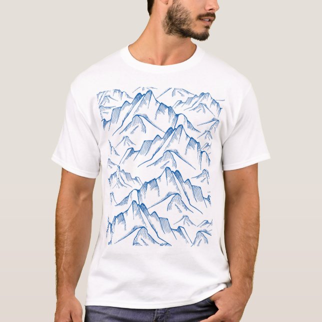 Hand-Drawn Mountain Landscape Pattern. T-Shirt (Front)