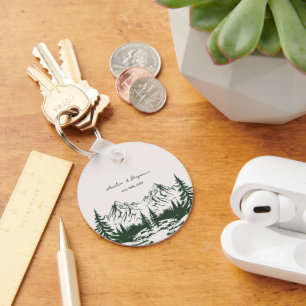 Hand Drawn Mountain Summer Wedding Key Ring