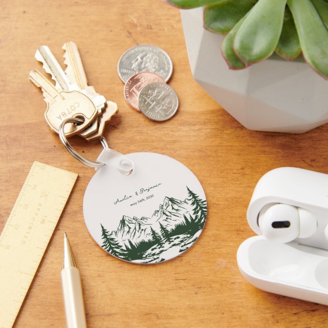 Hand Drawn Mountain Summer Wedding Key Ring (Desk)