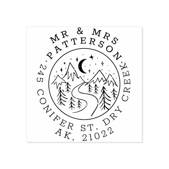 Hand Drawn Mountains By Night Mr & Mrs Address Rubber Stamp (Imprint)
