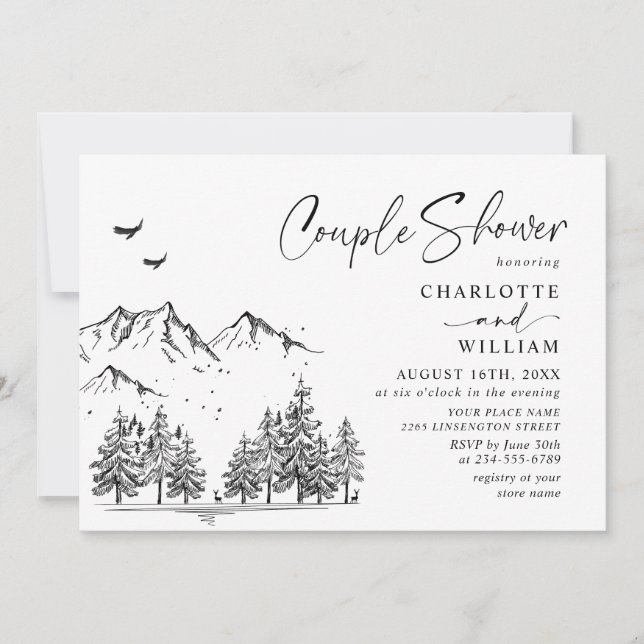 Hand Drawn Mountains Forest Couple Shower Invitation (Front)