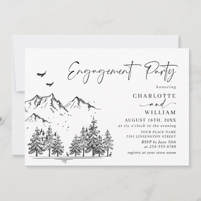 Hand Drawn Mountains Forest Engagement Party Invitation (Front)