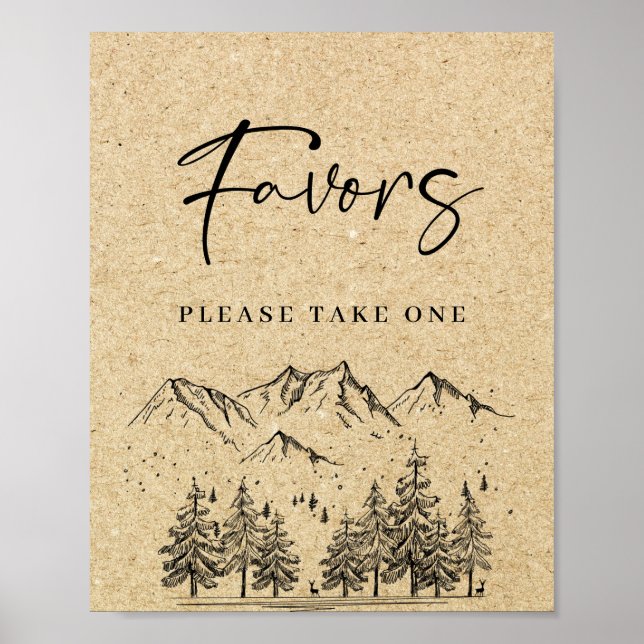 Hand Drawn Mountains Forest Favours Wedding Sign (Front)