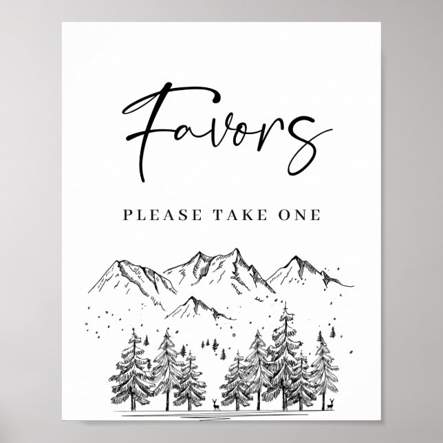 Hand Drawn Mountains Forest Favours Wedding Sign (Front)