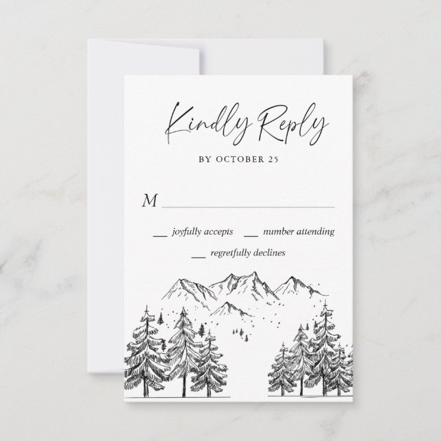 Hand Drawn Mountains Forest Forest Wedding RSVP Card (Front)