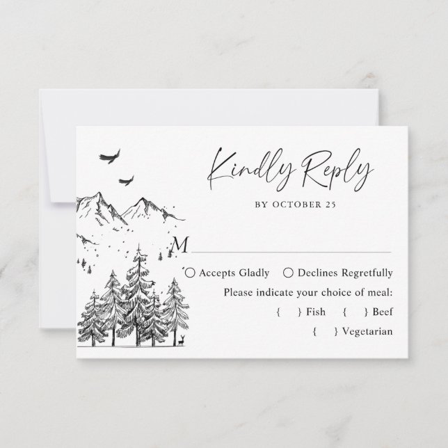 Hand Drawn Mountains Forest Forest Wedding RSVP Card (Front)