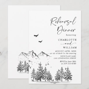 Hand Drawn Mountains Forest Rehearsal Dinner Invitation