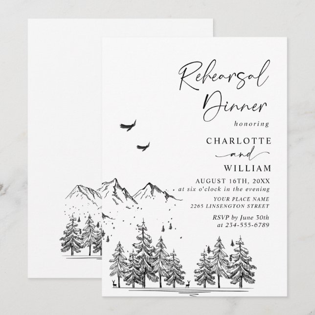 Hand Drawn Mountains Forest Rehearsal Dinner Invitation (Front/Back)