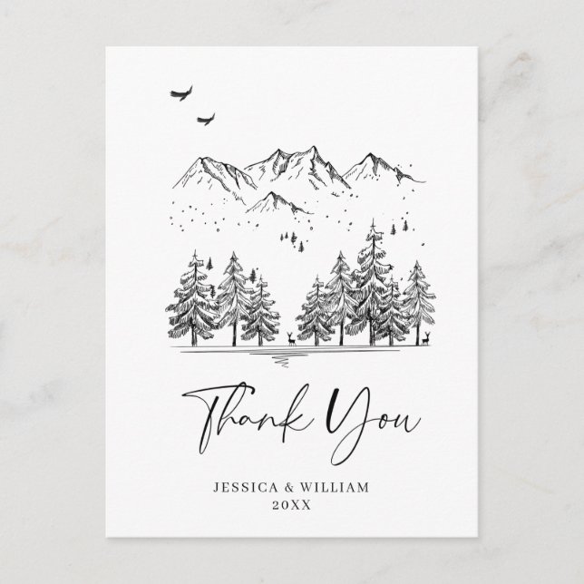 Hand Drawn Mountains Forest Thank You Postcard (Front)