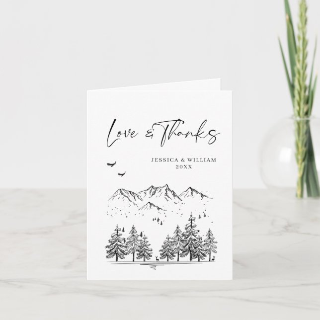 Hand Drawn Mountains Forest Wedding Thank You Card (Front)