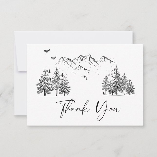 Hand Drawn Mountains Forest Wedding Thank You Card (Front)