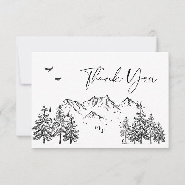 Hand Drawn Mountains Forest Wedding Thank You Card (Front)