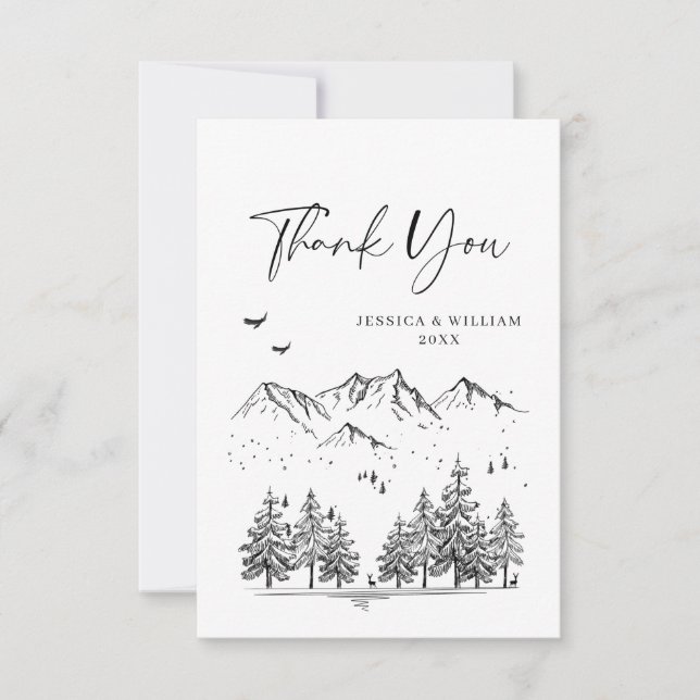 Hand Drawn Mountains Forest Wedding Thank You Card (Front)