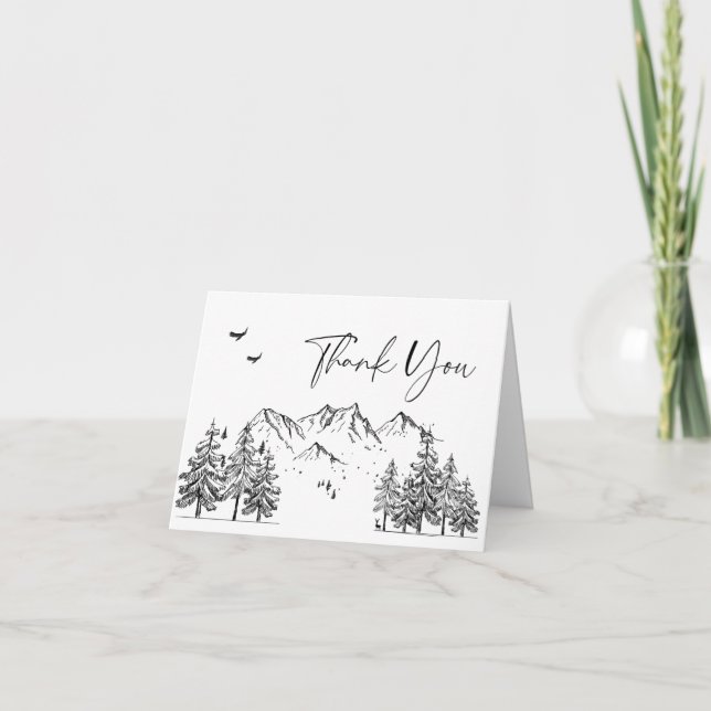 Hand Drawn Mountains Forest Wedding Thank You Card (Front)