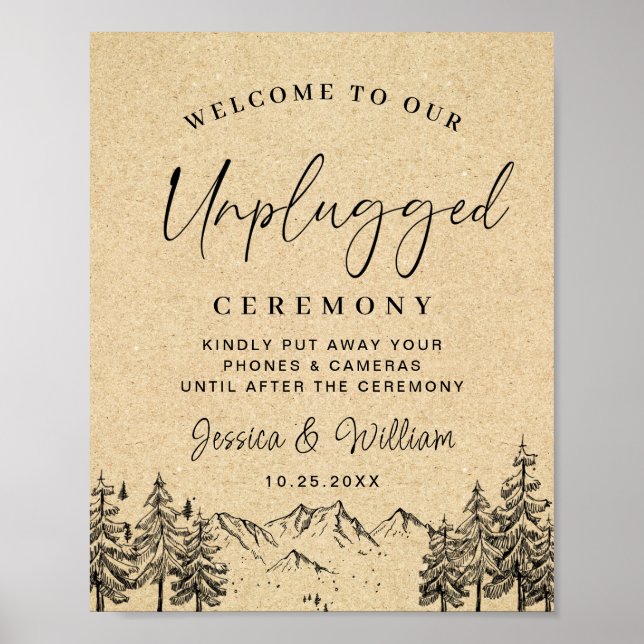 Hand Drawn Mountains Unplugged Wedding Ceremony Poster (Front)