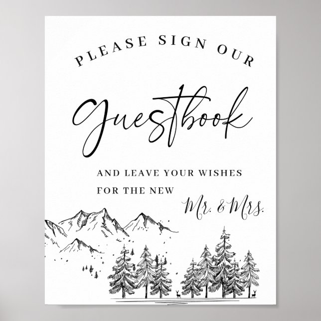 Hand Drawn Mountains Wedding Sign Our Guestbook (Front)