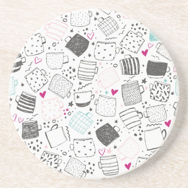 Hand-drawn mug pattern, seamless design. coaster (Front)
