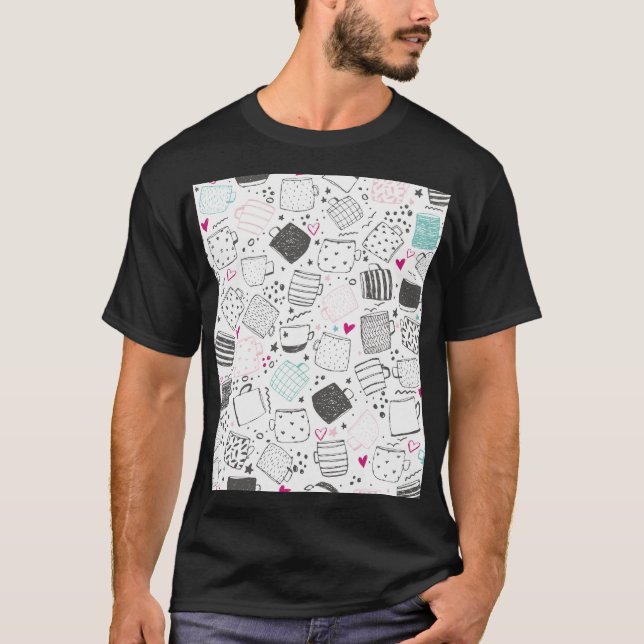 Hand-drawn mug pattern, seamless design. T-Shirt (Front)