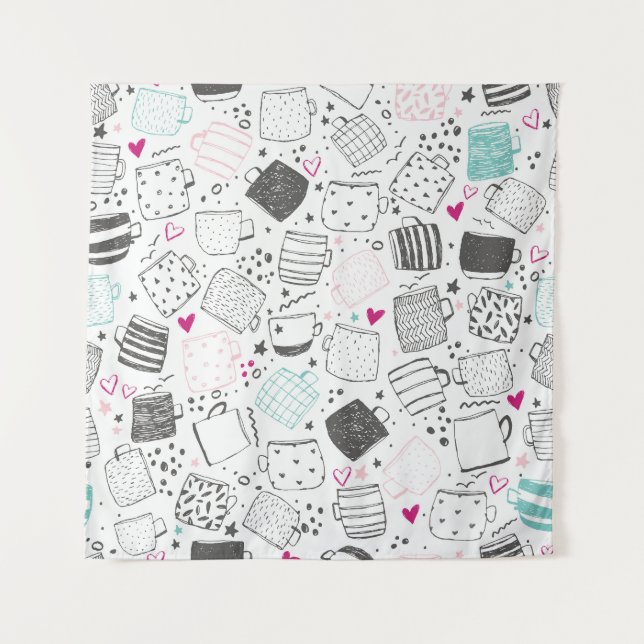 Hand-drawn mug pattern, seamless design. tapestry (Front)