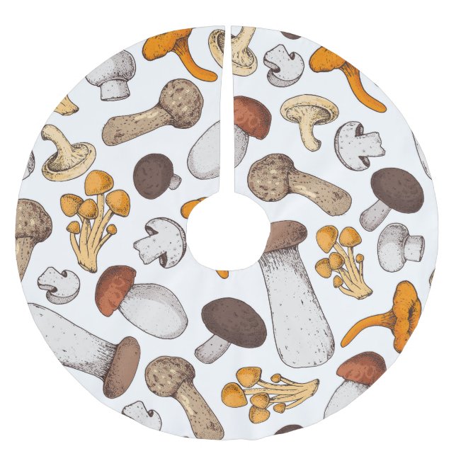 Hand-drawn mushrooms: food background. brushed polyester tree skirt (Front)