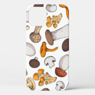 Hand-drawn mushrooms: food background. iPhone 12 case