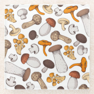 Hand-drawn mushrooms: food background. glass coaster