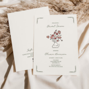 Hand Drawn Muted Red Sage Floral Urn Bridal Shower Invitation