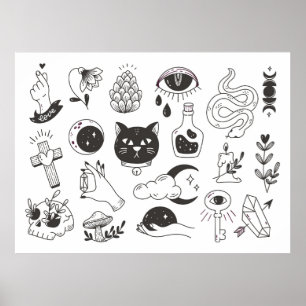 hand drawn mystical tattoo doodle, vintage badge d poster