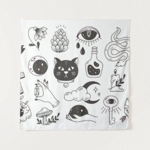 hand drawn mystical tattoo doodle, vintage badge d tapestry