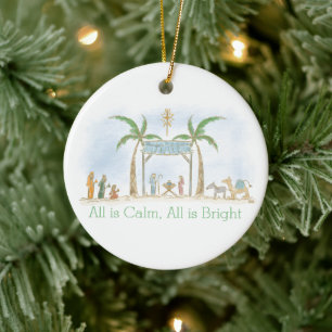 Hand Drawn Nativity Scene All is Calm Saying Ceramic Tree Decoration