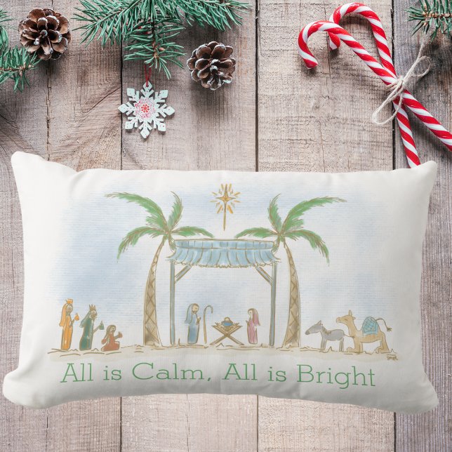 Hand Drawn Nativity Scene All is Calm Saying Lumbar Cushion (Creator Uploaded)