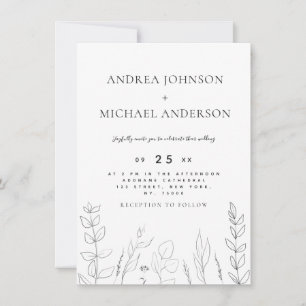 Hand Drawn Nature Greenery Line Art Black & White Invitation