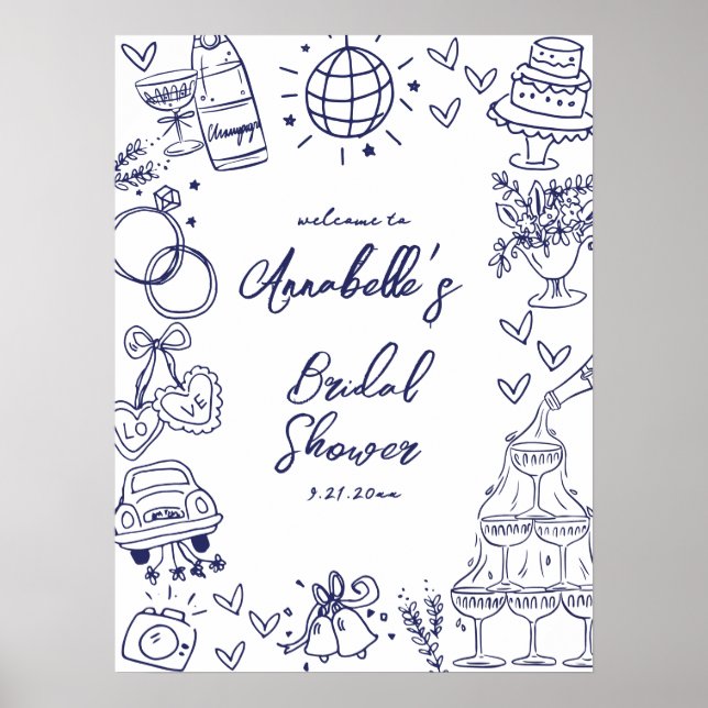Hand Drawn Navy Blue Bridal Shower Welcome Sign (Front)