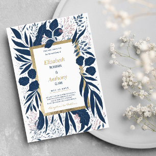 Hand drawn navy blue pink summer floral Wedding Invitation